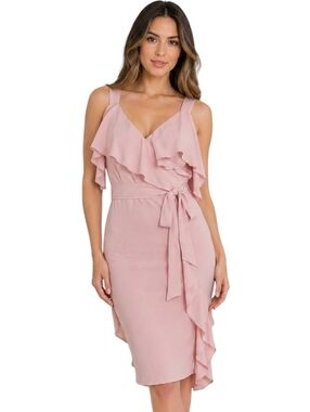 Le Chateau Blush Pink Ruffle Dress Petite Small Tie Waist Midi Feminine Occasion